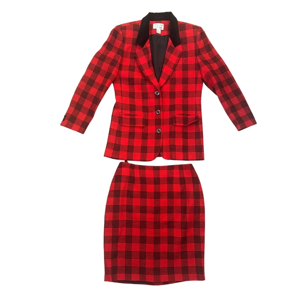 Vintage Focus-2000 Red Black Plaid Wool Skirt Suit Blazer Set Size 10 Retro - Picture 1 of 9